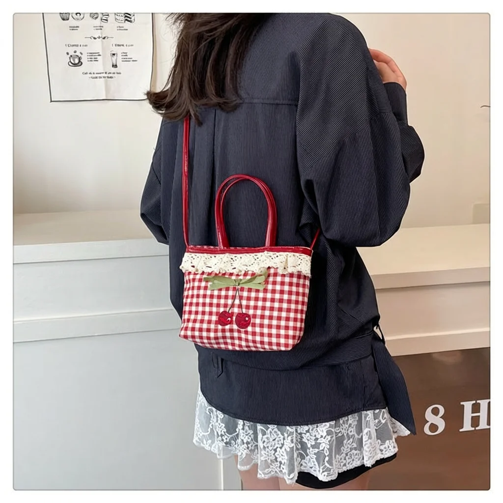 Cherry Embroidered Bag Comfortable Check Tote Bag Crossbody Handbag  Polka Dot Handbag For Shopping Dating Commuting