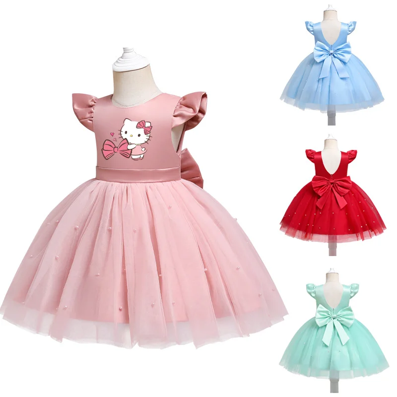 Hello Kitty-Robes d'été en dentelle pour filles, tutu en tulle, robe de princesse, robe de mariée, vêtements de fête, dos nu en fibre