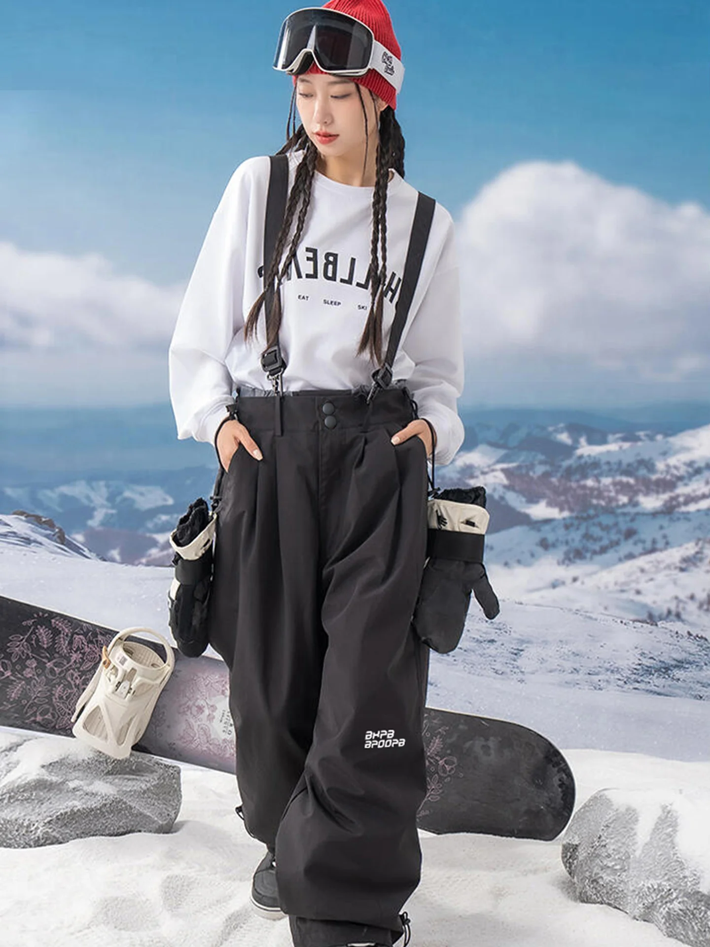 

Men's Snowboard Bib Pants Fce Lined Trousers Winter Warm Profional Waterproof Snow Boots Loose Fit Straight Leg Pants