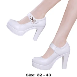 high quality leather shoe for women 8cm 10cm 12cm high heel platform round toe 32 33 elegant and fashion shoe black white red