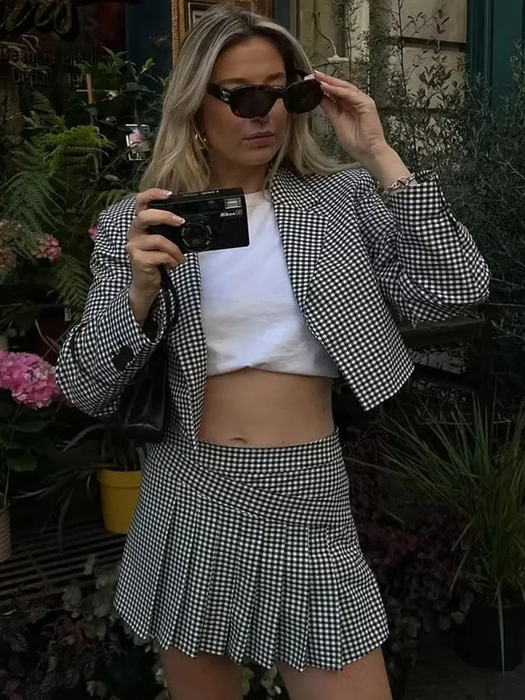 ByeMyLove Checkered Print Women\'s Suit Top and Skirt Outfits 2 Pieces Sets Women Casual V Neck Blazer Match Sets Plaid Print