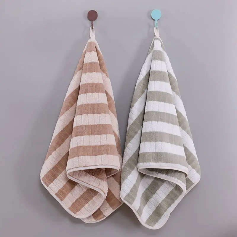 2 Pack Striped Hand Towels, Ultra Soft Coral Fleece Absorbent Bath with Hanging Loop, Quick Dry Lightweight Face for Bathroom,