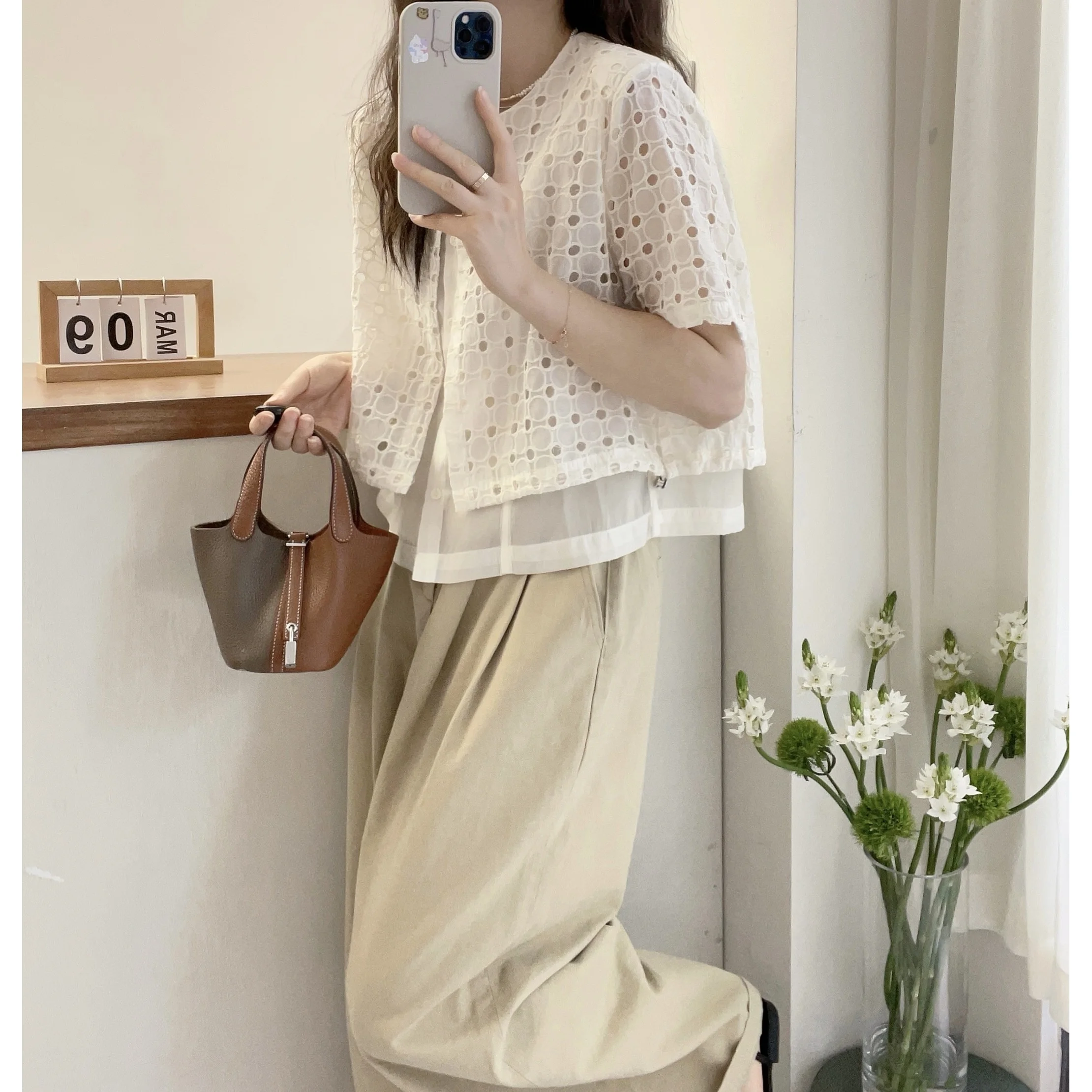 Kurzarmhemden Damen Baumwolle Patchwork Pintuck Slim Fit Bluse Vintage Minimalistisch Preppy Girlish Student Jugendlicher Retro