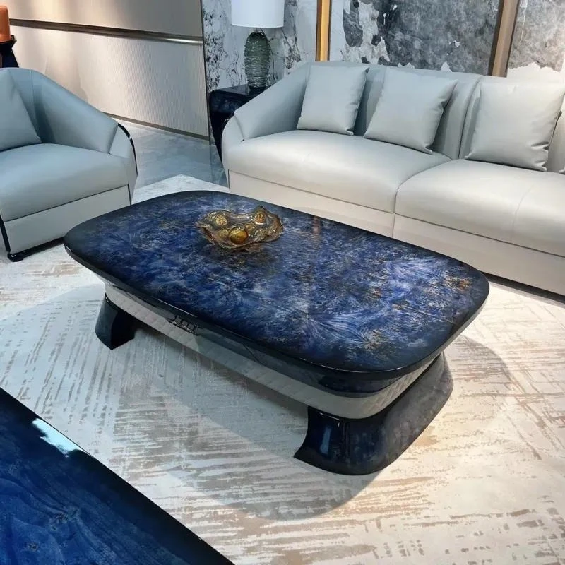 Blue Wood Grain Center Table Luxury High Gloss Coffee Table with Leather Wrap for Villa Hotel Lounge Living Room Furniture