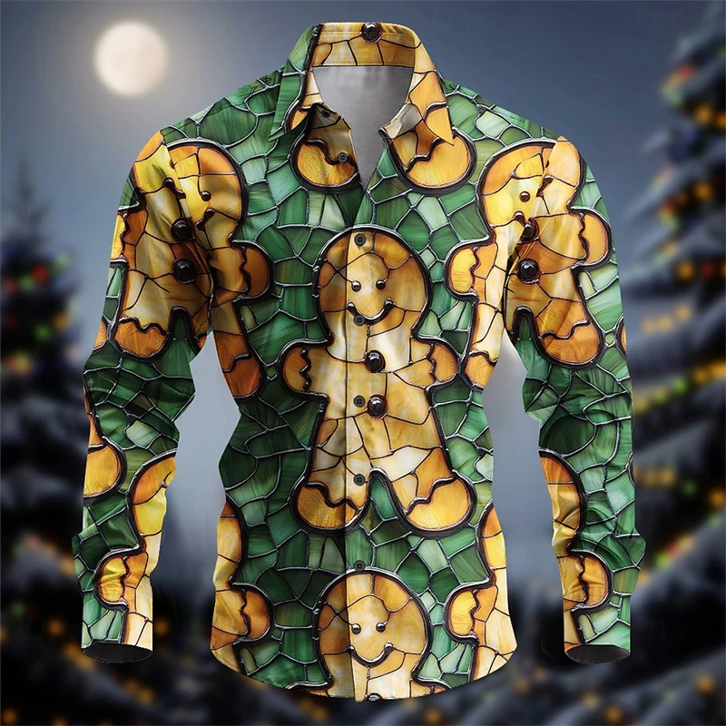 Ginger Bread Printed Shirts Men Christmas Clothing Long Sleeve Button Shirt Cute Gingerbread Food Pattern Festival Trend Blouse