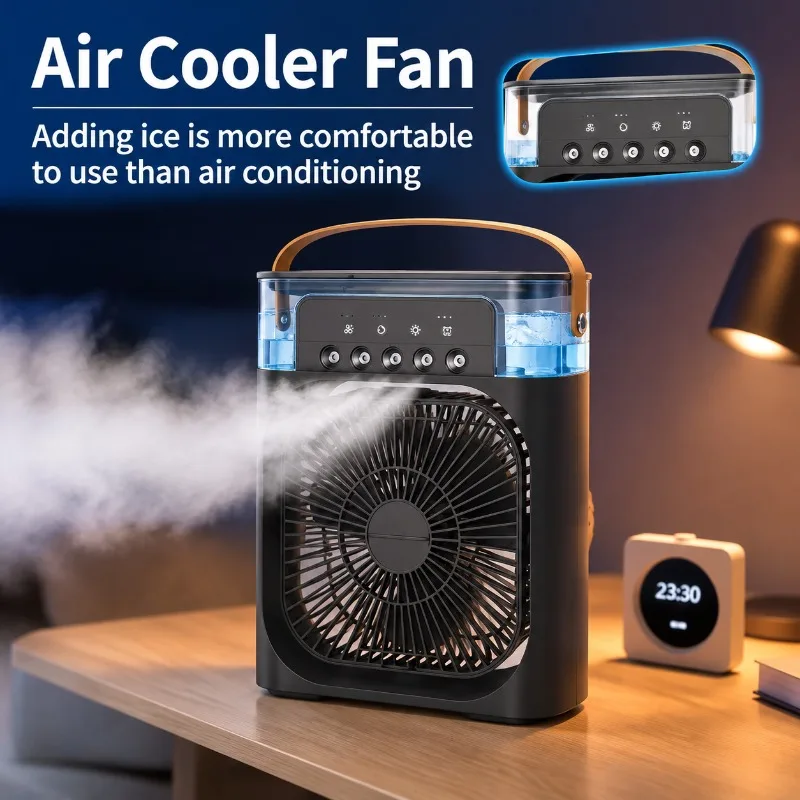 Air Cooler Fan 3 in 1 Portable Mini Humidifier LED Night Light USB Desktop Fan for Office Home Bedroom Dormitory Travel Use