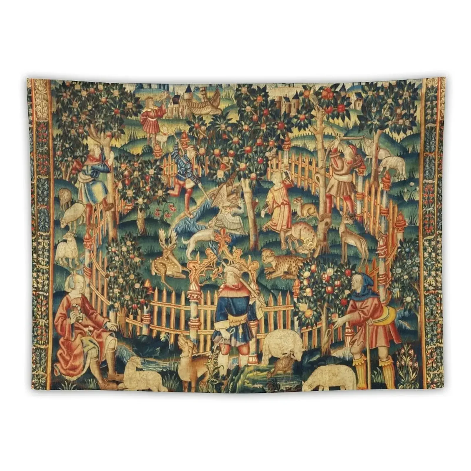 

MEDIEVAL HUNTING OF BIRDS WITH HAWK AND A BOW, DOGS ,ANIMALS Antique Tapestry Home Decoration Accessories Room Decor Tapestry