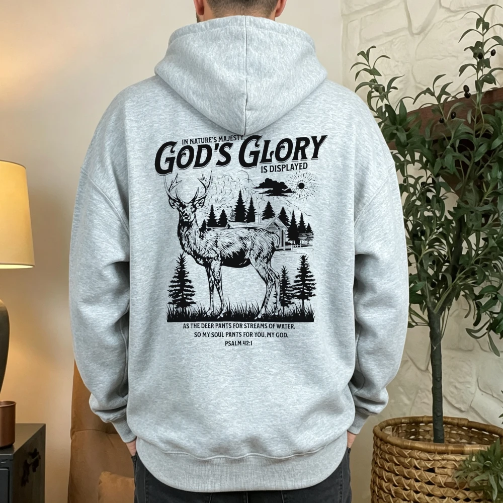 Christian Deer Forest Hoodie Men God Glory Faith Outdoor Nature Graphic Print Long Sleeve Casual Streetwear Autumn Winter Gift