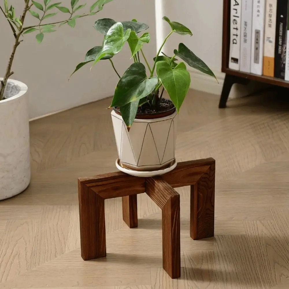 Cross Frame Wooden Plant Stand Pine Wood Brown Wood Grain Tabletop Plant Shelf Screw Fixed Easy Assembly Cross Display Stand