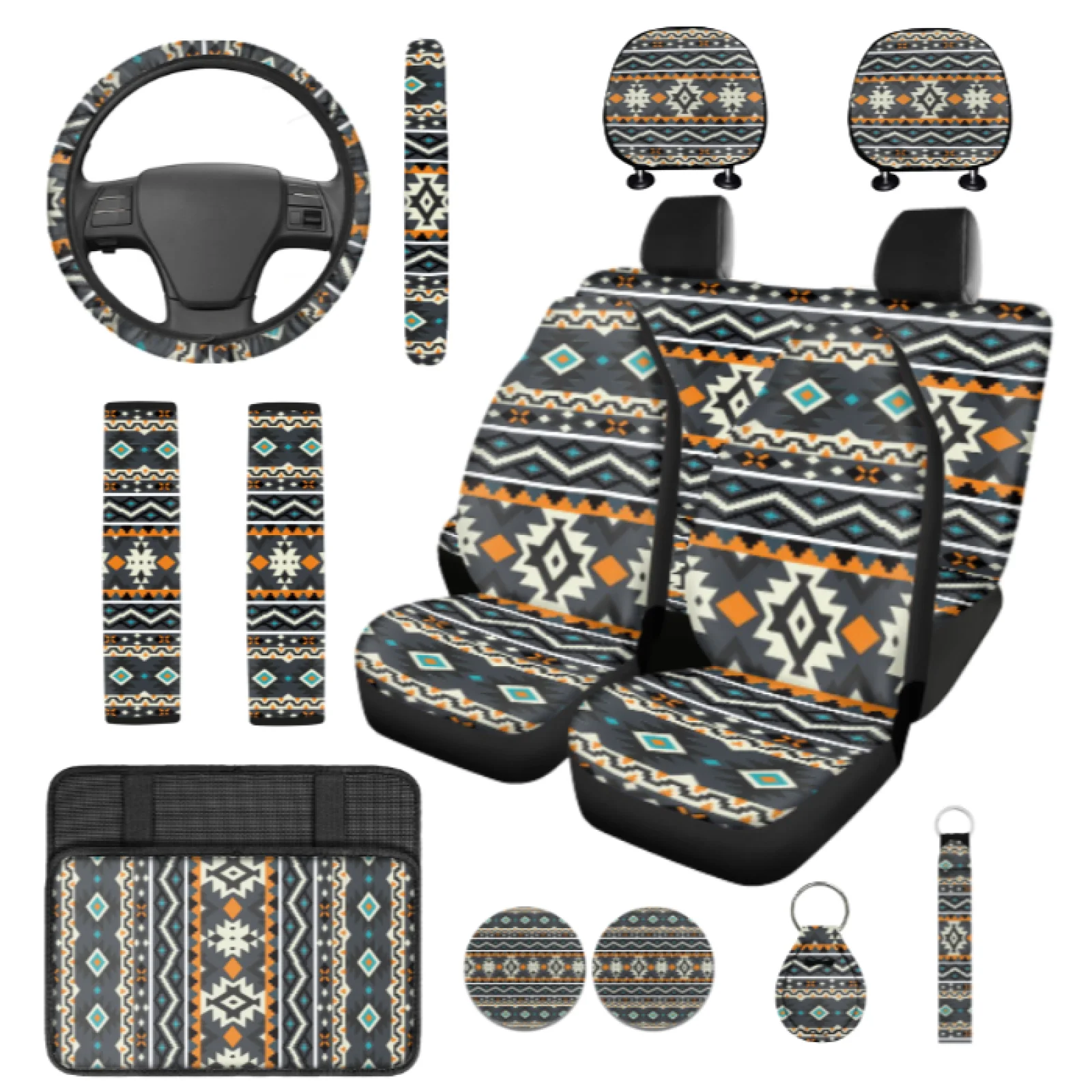 Coloranimal Southwestern 14 Pcs Car Seat Covers Sets with Elastic Steering Wheel Cover and Auto Cup Pad for Trucks