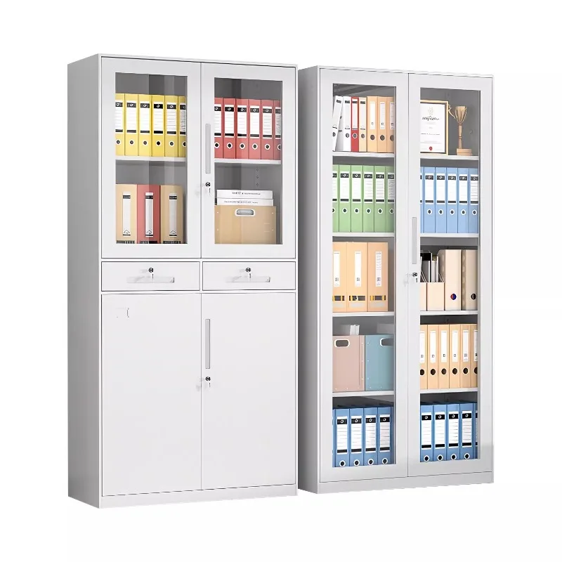 Locked hospital steel file storage cabinets, modern file cabinets, four steel doors, adjustable shelves, powder coated metal