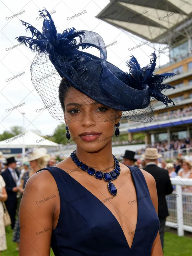 

British Royal Mesh Fascinator Hat Handmade Imitation Sinamay Feather Headpiece for Ascot Race Women Lady Feather Headpiece