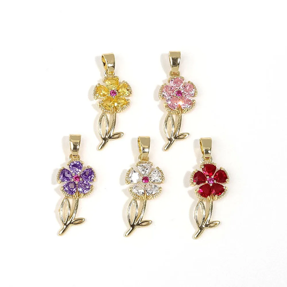 

20pcs/ Bag New minimalist copper plated 14k gold flower zircon pendant for women's fashion jewelry