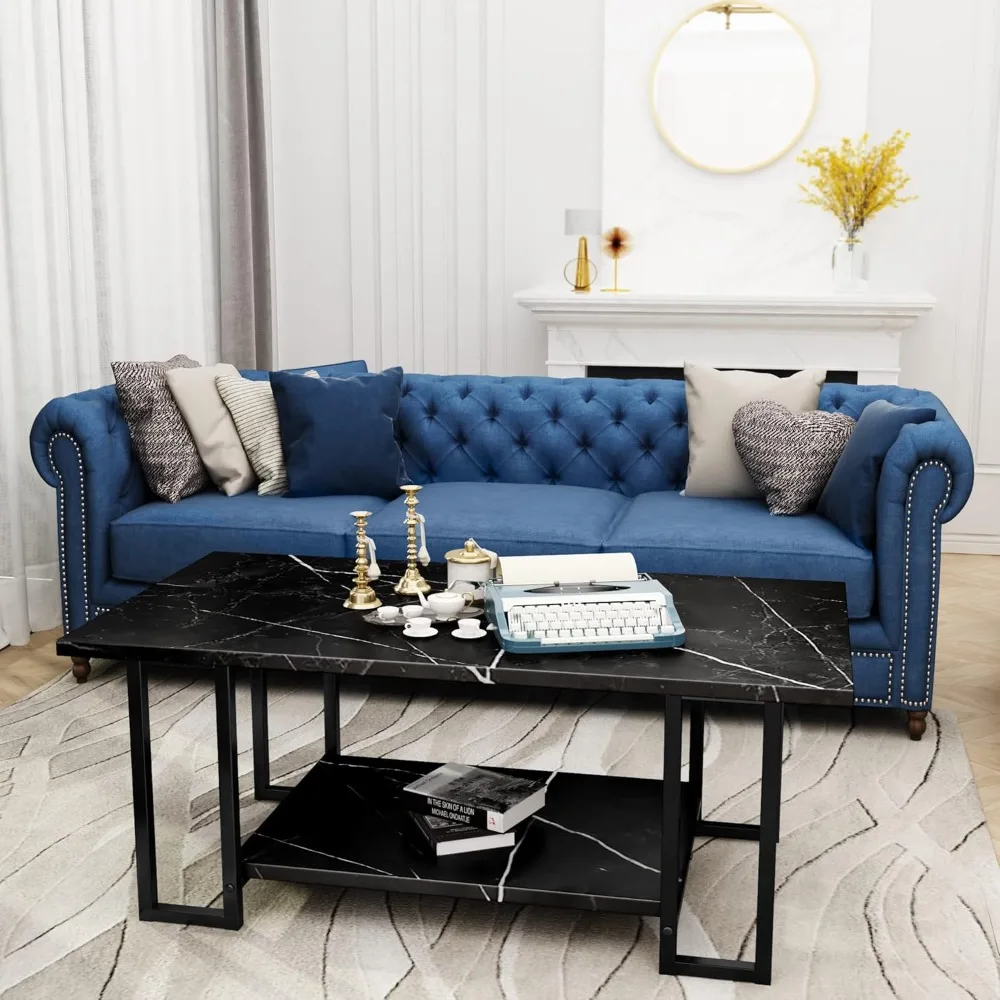Rectangular Faux Marble Coffee Table with Black Metal Frame, 2 Tier Living Room Furniture for Modern Home Decor