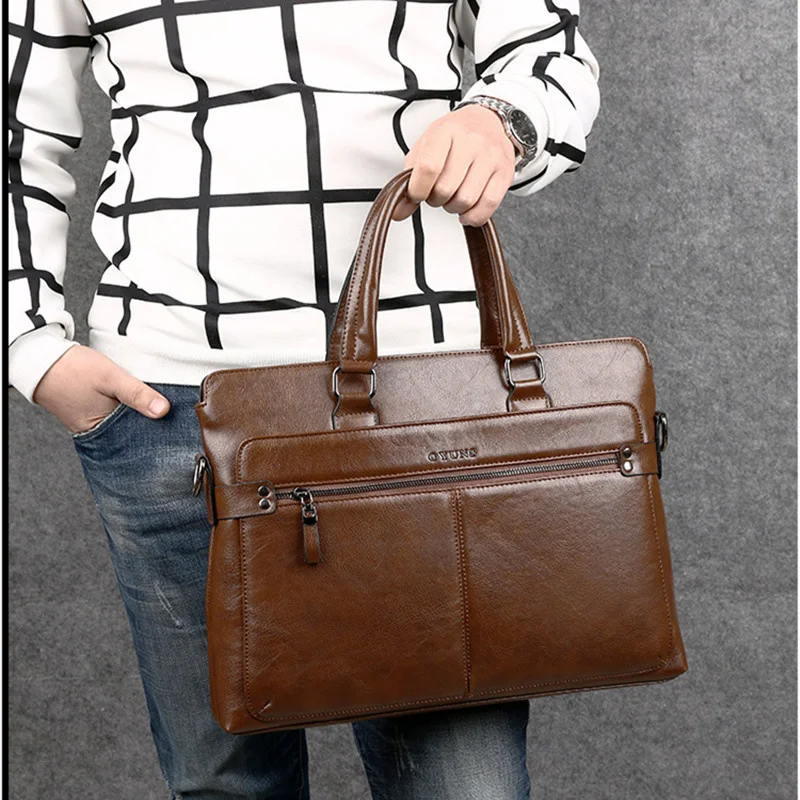 Business Leather Men's Briefcase Horizontal Men's Handbag Large Capacity Shoulder Messenger Bag Office Male Laptop Bag