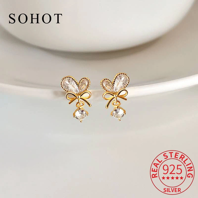 

Настоящее серебро 925 пробы, сердце, циркон, мини-серьги-гвоздики с бантом для очаровательных женщин, милые изящные ювелирные изделия, легкие роскошные аксессуары