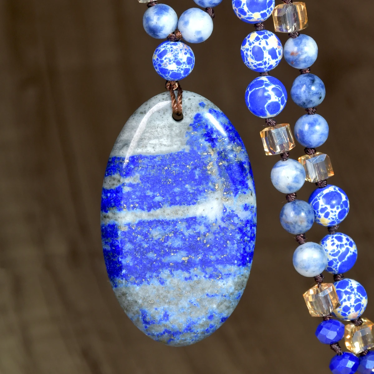 Boho Lapis Lazuli Oval Pendant Long Necklace With 8mm Imperial Stone Hand-knotted Sweater Chain Perfect Gifts For Your Beloved