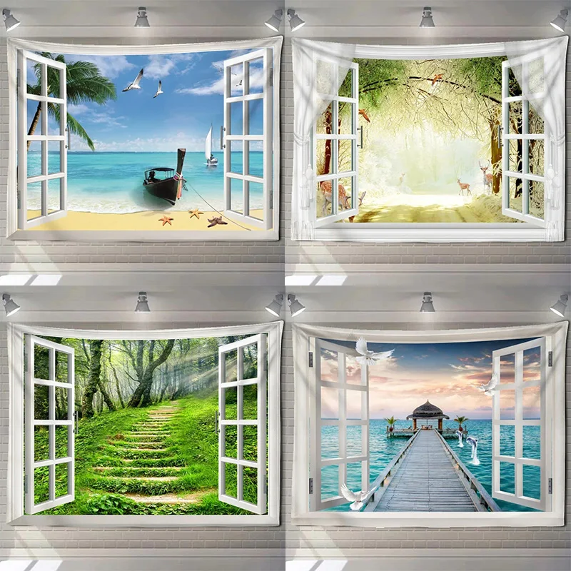 Home decoration natural ecological beach scenery imitation window paper art tapestry background wall room beautiful living room