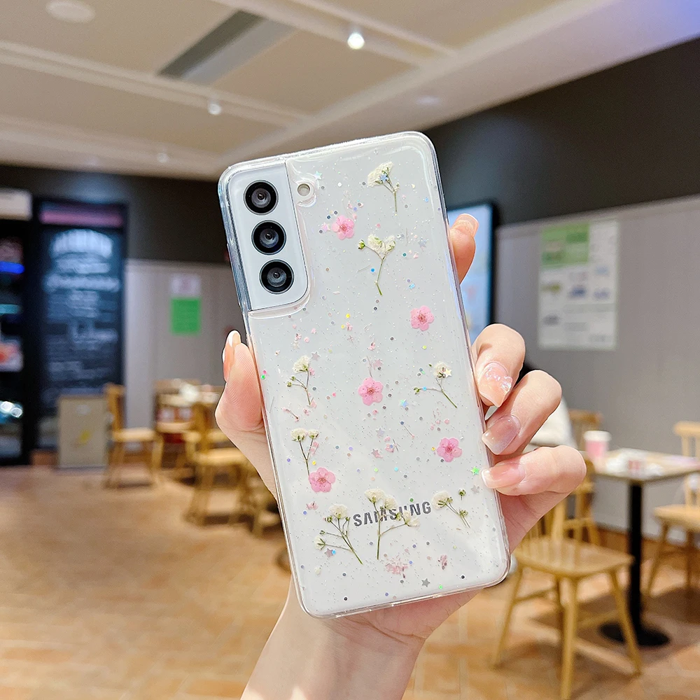 for Samsung Galaxy S26 S24 S25 S23 S22 S21 FE Ultra Plus Note20 Case Real Dry Flower Glitter Clear Epoxy Cover Crystal TPU Shell