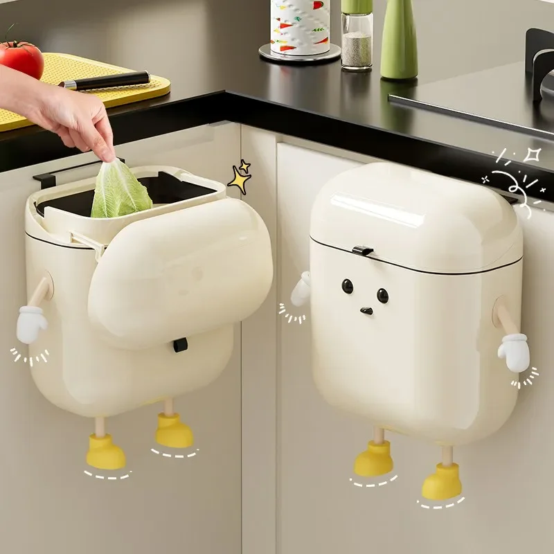 Wall Mounted Trash Can No Punching Required Kitchen Recycle Bin Bathroom Cartoon Hanging Trash Can with Lid Food Garbage Bin