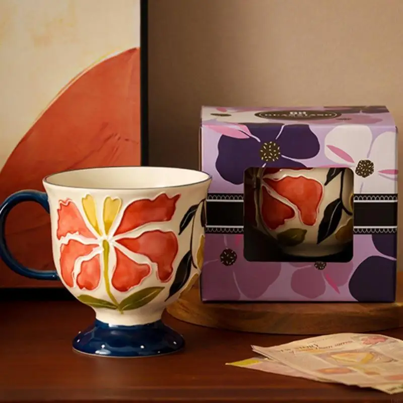 L9BE Unique Retro Styles Coffee Cup With Flower Brims Detail Drinking Cup For Gifting Or Individual Collection