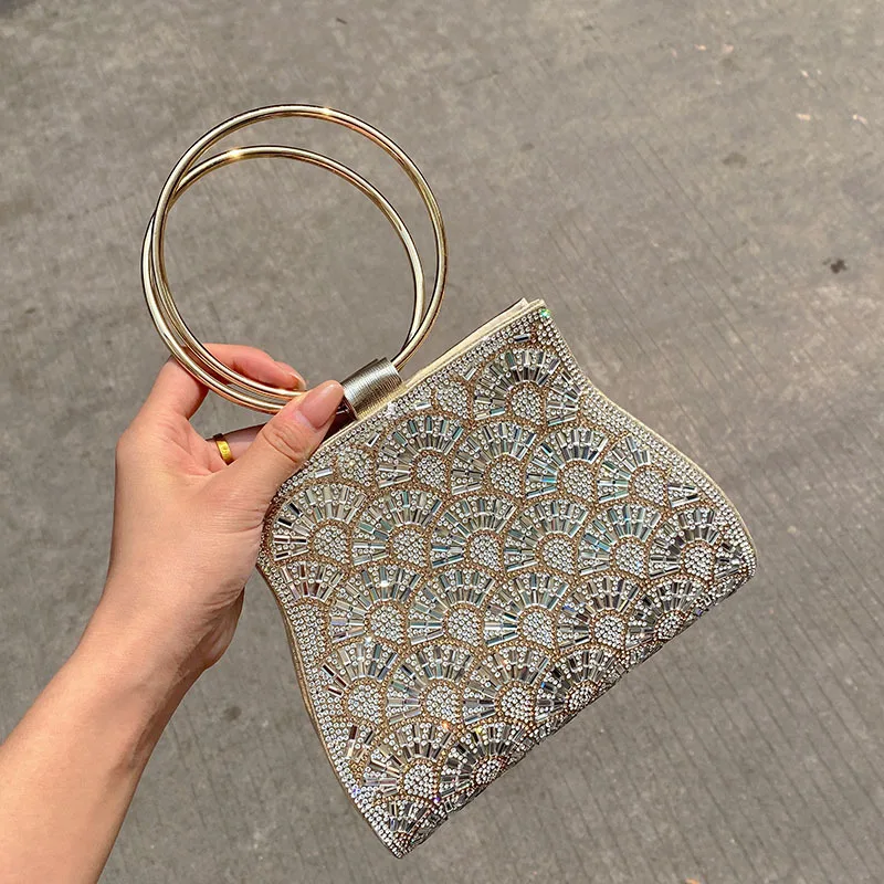 

Блестящий бриллиантовый клатч, кошелек для свадебной вечеринки, банкетная сумка, металлическое кольцо, ручная женская сумка, роскошная вечерняя сумка, сумка на плечо