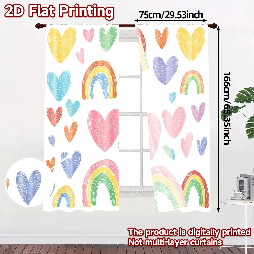 2D Flat Printing,JIT 2pcs, Curtains (Without Rod) Colorful Hearts Popular Curtains Digital Printed Versatile Fabric Curtains