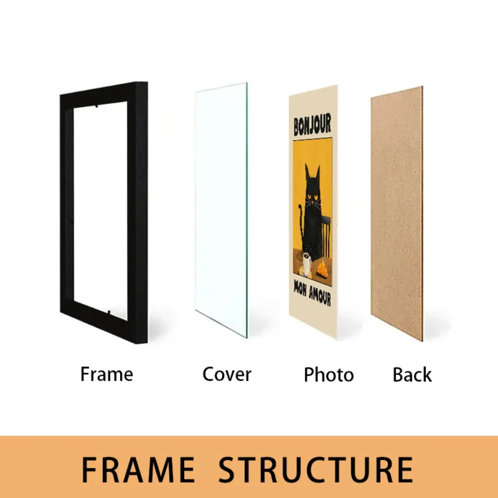 21X30 Photo Frame Plus Canvas Painting Cat BONJOUR Black White Wood Grain Can Be Hung on The Wall with Certificate Poster Decor