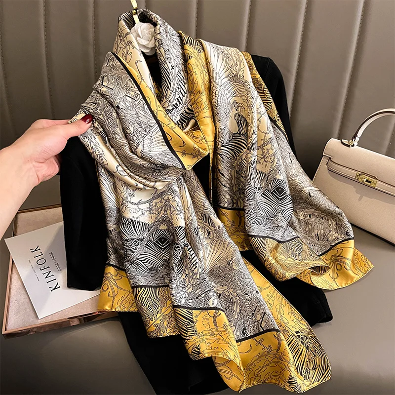 Luxury Brand Silk Scarf Women Large Shawls Hijab Design Print Smooth Foulard Female Hijab silk sunscreen outdoor beach towel