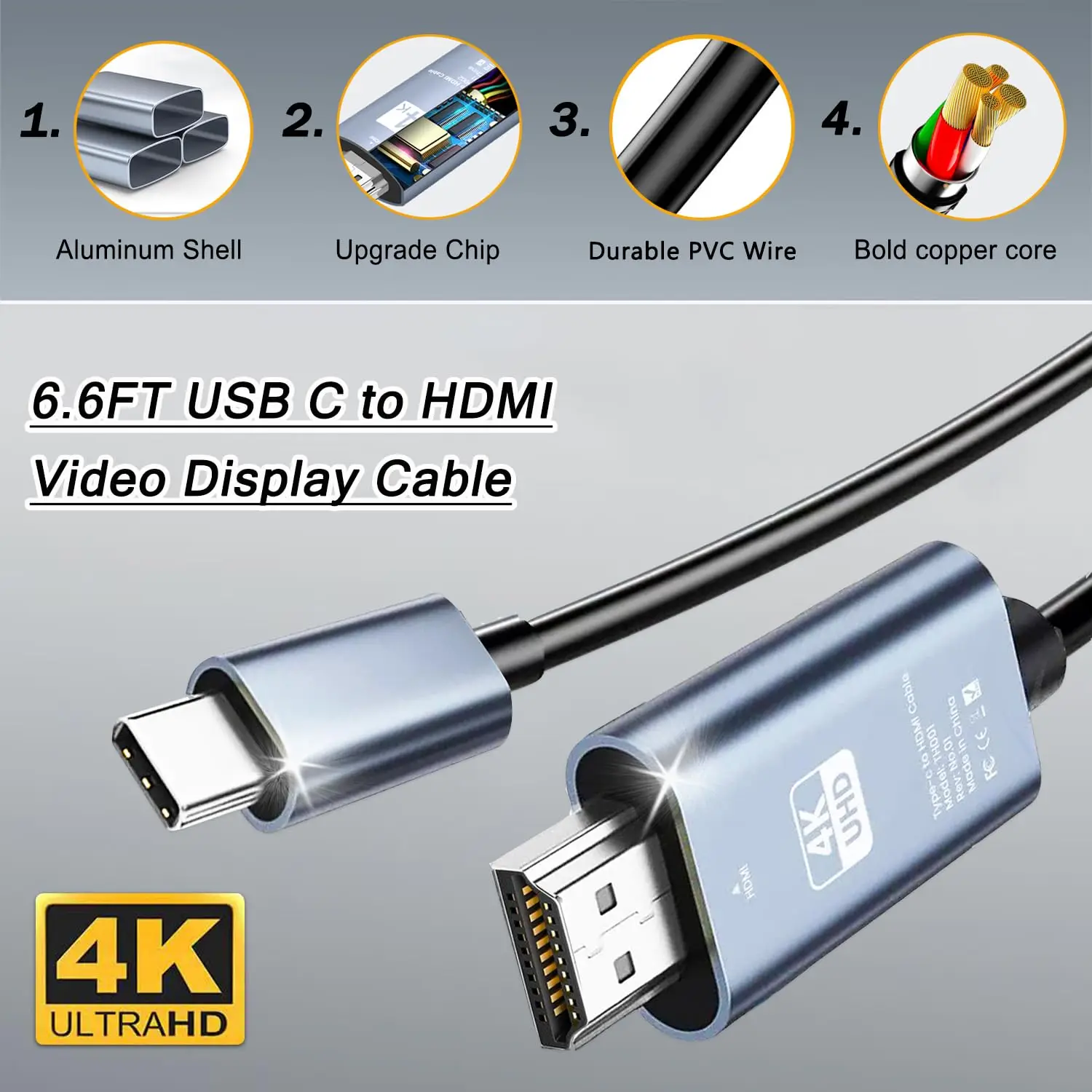 4K 60/30Hz HD Video Conversion Cable Typec To HDMI Same Screen Cable TV Computer 6.6FT PVC Screen Projection Cable Packaging