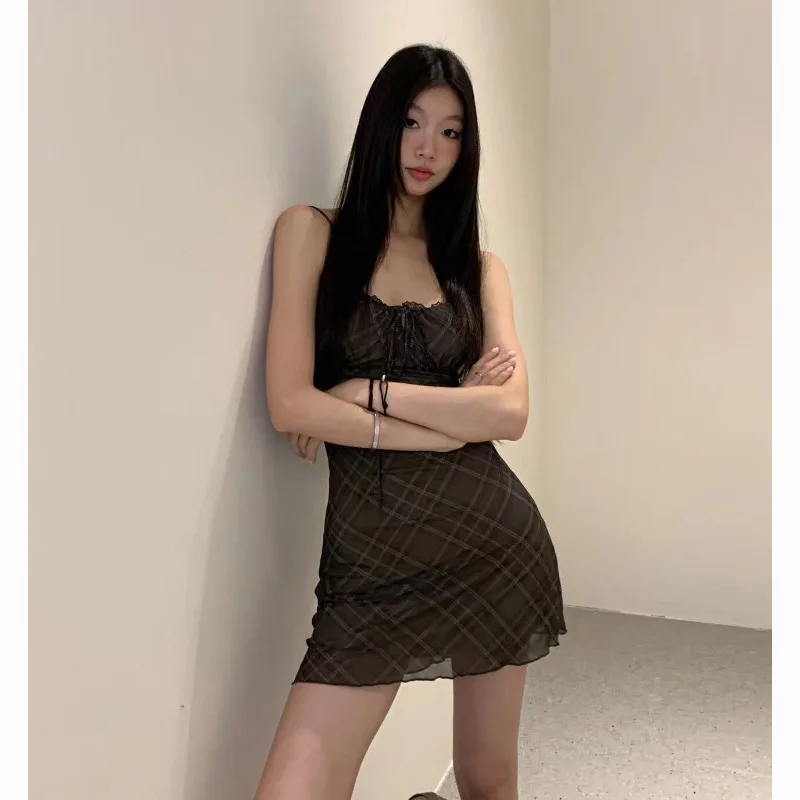 

2024 New French Fashionable Summer New Lace Dress for Women's Slim and Elegant Plaid Suspended Dresses Female Clothing