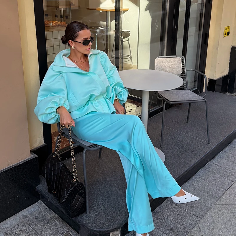 Übergroße, taillenbetonte, glänzende Oberflächenmäntel für Damen, Street-Style, Stehkragen, Laternenärmel, einfarbige, lockere Jacken, schicke Oberbekleidung – Detail 14