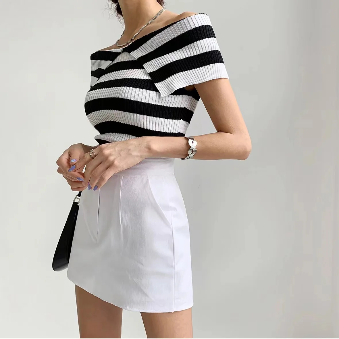 Off The Shoulder Striped Ribbed Knit Top Fold-over Bardot Top Pullover Sweater Tee Women Minimalist Feminine Spring Summer 2026