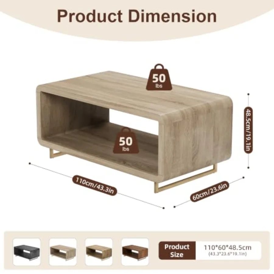 43 Inch Curved Wood Coffee Table for Living Room, Solid Wood, Natural Brown, Spacious 2-Tier Open Storage Shelf