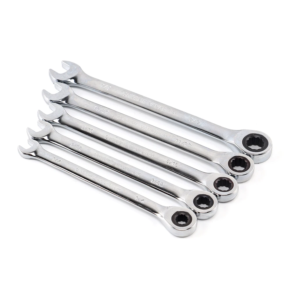 Ratchet Wrench Set of Keys 1/4 9/32 5/16 11/32 3/8 Inch 72-Tooth Imperial Size Mirror Polished