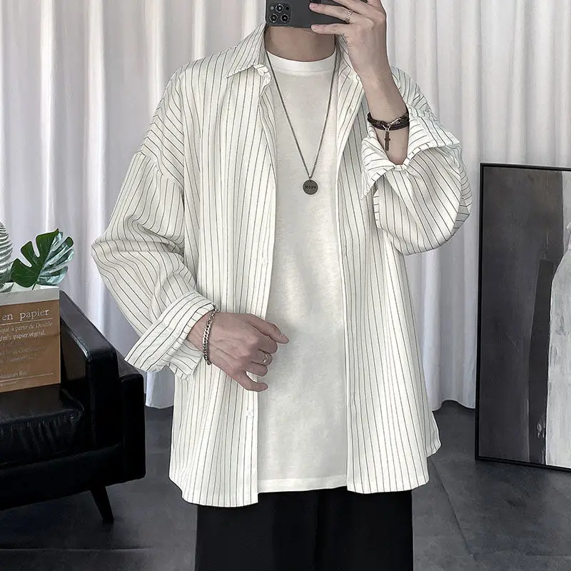 Spring Autumn Fashion Temperament Stripe Simple Shirt Man Loose Long-sleeve Casual Male Blouse Vintage Chic Streetwear Clothes