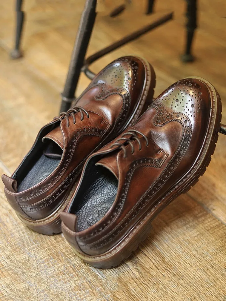 Vintage Carving Design Mens Genuine Leather Brogue Shoes Lace Up Round Toe Thick Bottom Office Men Business Casual Dress Shoes