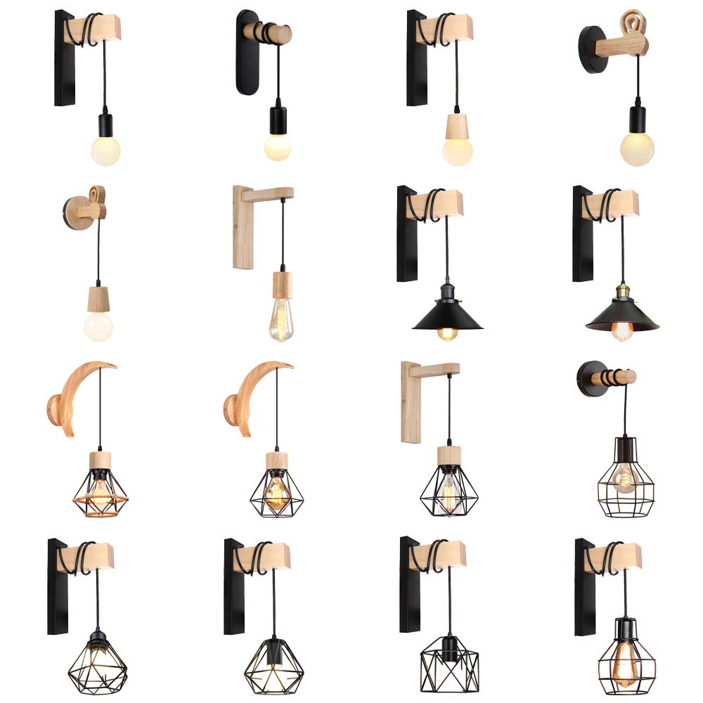 

Modern Indoor Lighting Wall Lights Loft American Iron Wood Wall Lamps Lampshade Vintage Cage Guard Sconce Loft Lighting Fixture