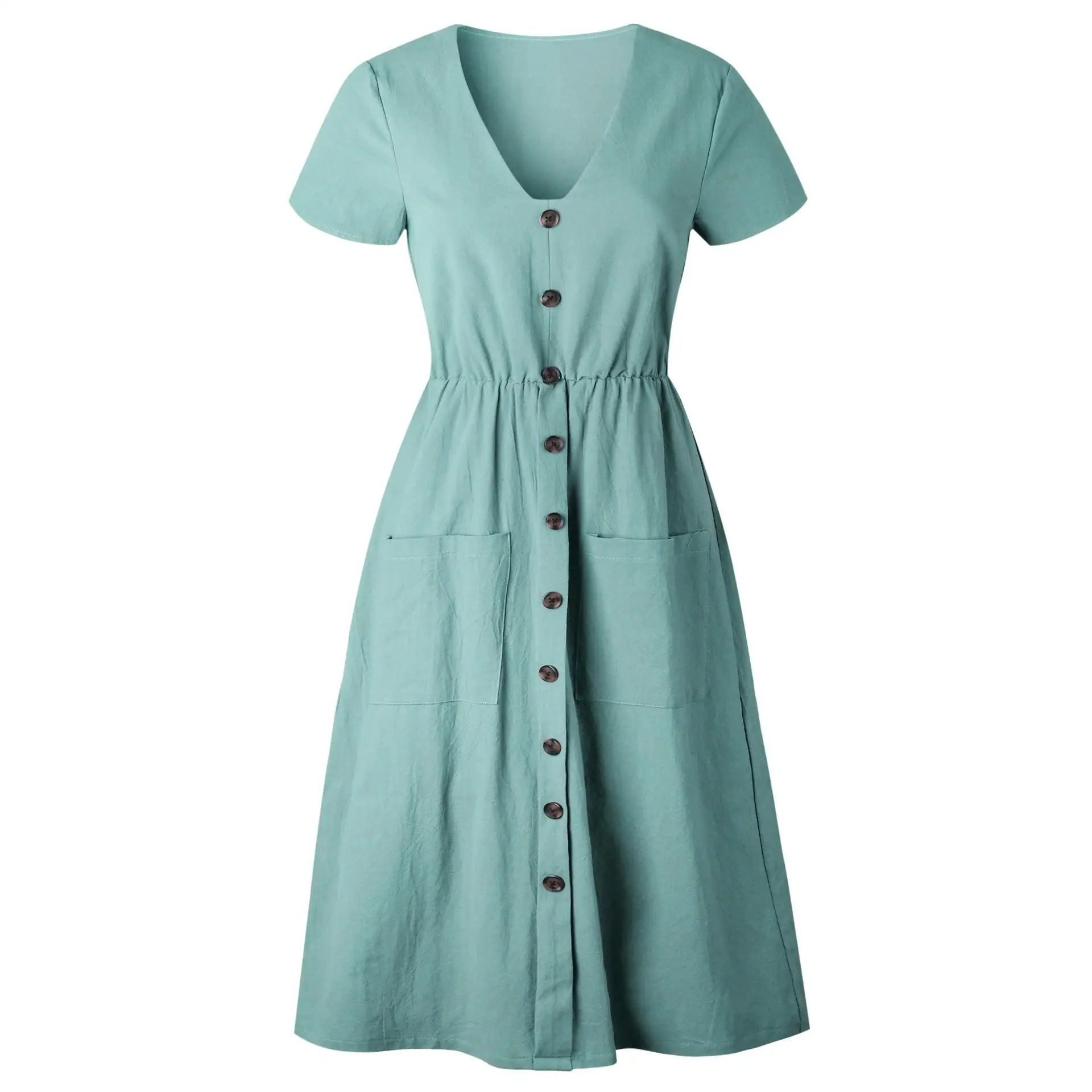 Green Blue A Line Casual Dresses Women Summer Dress 2023Vintage Short Sleeve Robe For Ladies Buttons V Neck Midi Vestidos Female