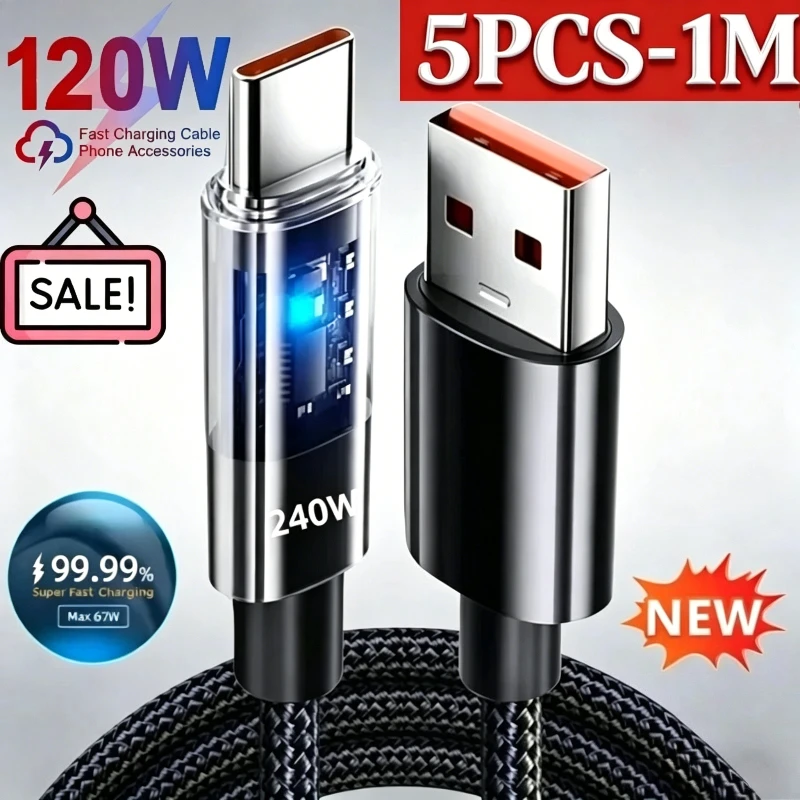 5/1PCS 67W Nylon Type C Super Fast Charging Cable For Samsung Huawei Honor LED Digital Display USBA TO Type C Charger Data Cord