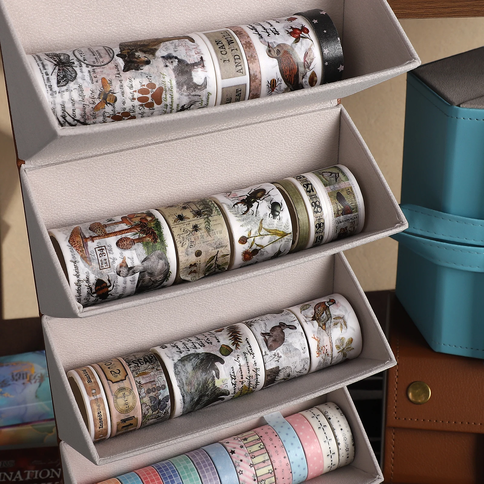 Vintage Six-layers Leather Multifunctional Handbook Glasses Storage Box Creative DIY Journal Material Collage Stationery