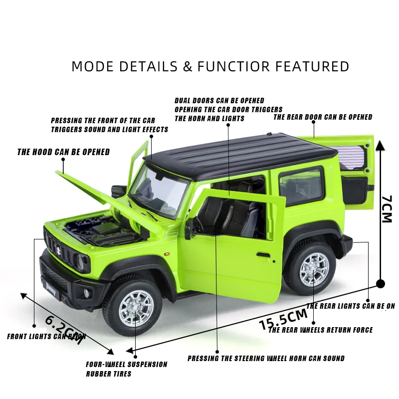 1:24 Suzuki Jimny Off Road Alloy Car Motdel Toy Boy Fast and Furious Diecast Vehicle Pull Back Light Sound  Hot Wheels One Piece