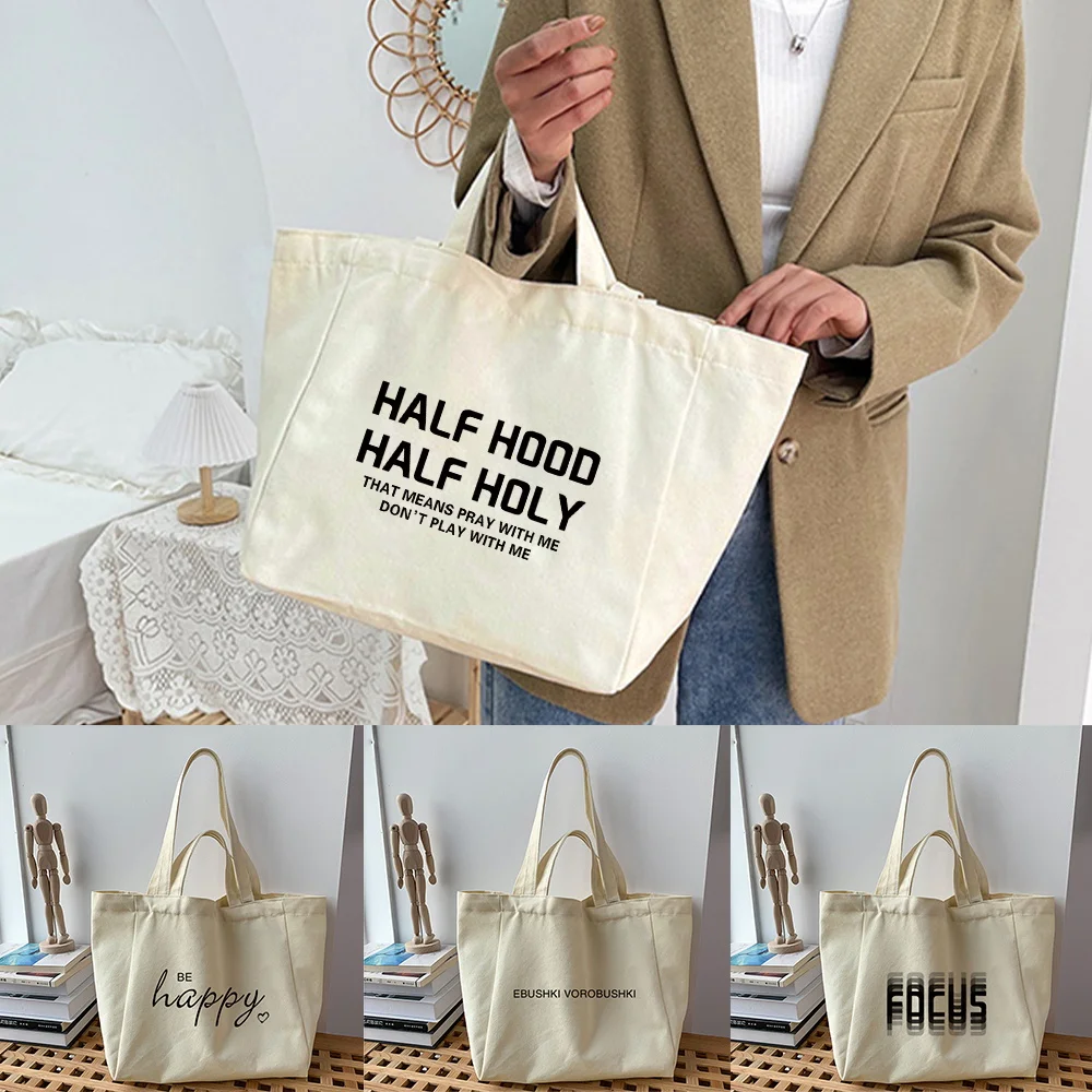 

Canvas Shopping Bags New Text Series Women Casual Large Capacity Ins Tote Bag Cute Shopper Bag Simple Korean Style Shoulder Bag