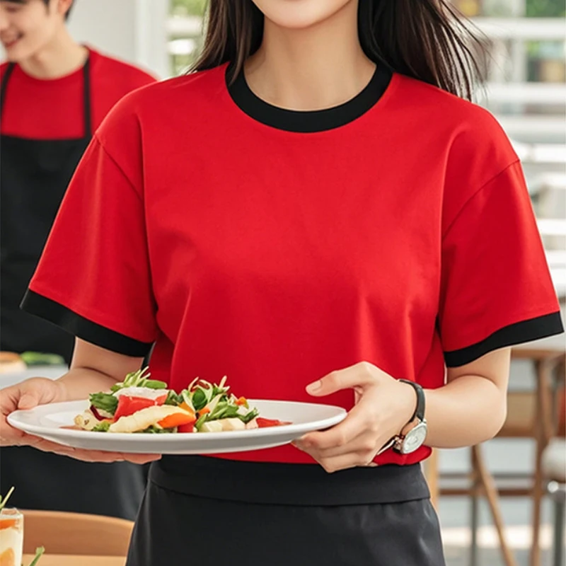 Waitstaff café hôtel uniforme à manches courtes T-Shirt été coton Service alimentaire Hot Pot Restaurant personnel restauration travail hauts
