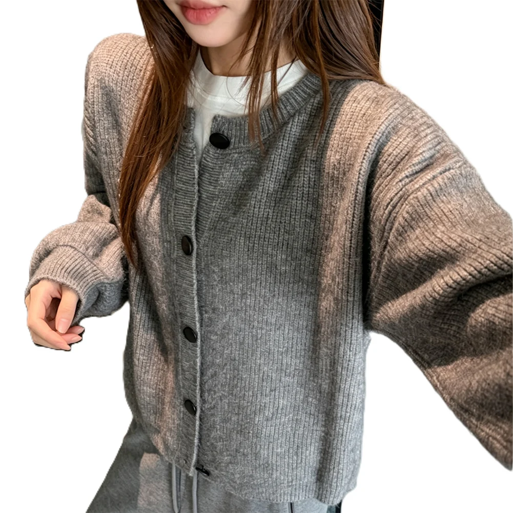 Solid Color Women Knit Cardigan Coat Loose Round Neck Thickened Polyester Layering Piece for Holiday Home Daily Wear