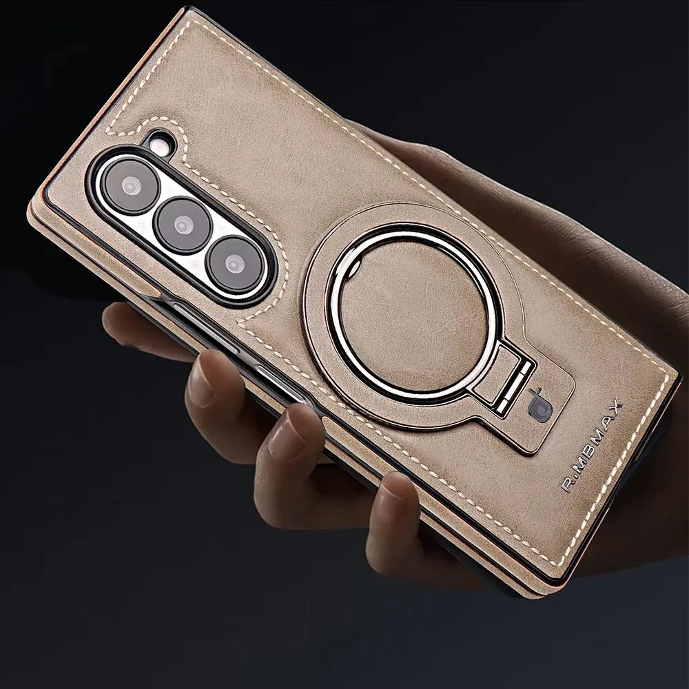 Leather Case For Samsung Galaxy Z Fold 7 6 5 4 Wireless Charging Shockproof Protective Cover Magnetic Ring Holder Z Fold6