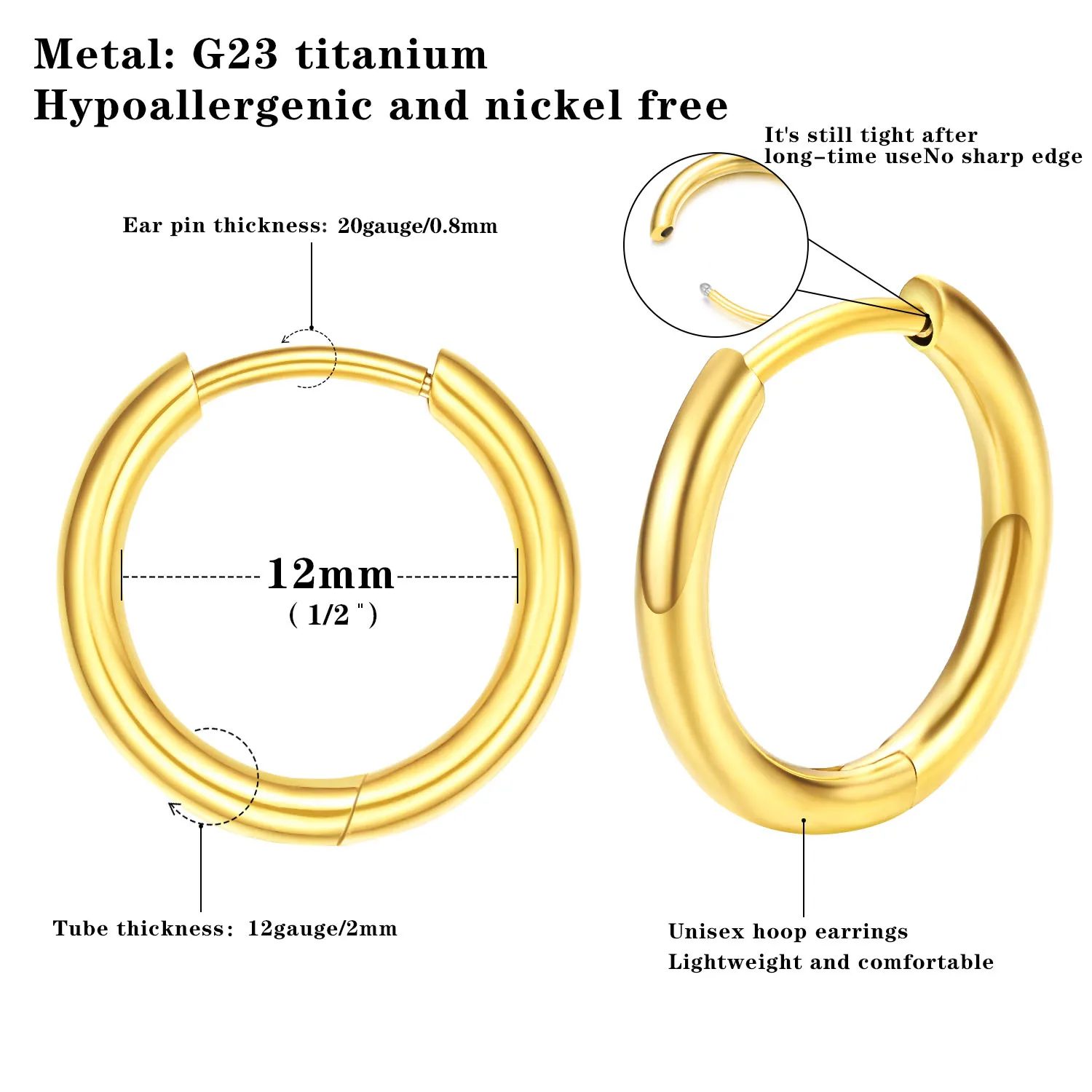 VOJO G23 Titanium Small Huggie Hinged Hoop Earrings Hypoallergenic Lightweight Lobe Cartilage 20G Earrings for Women Girls