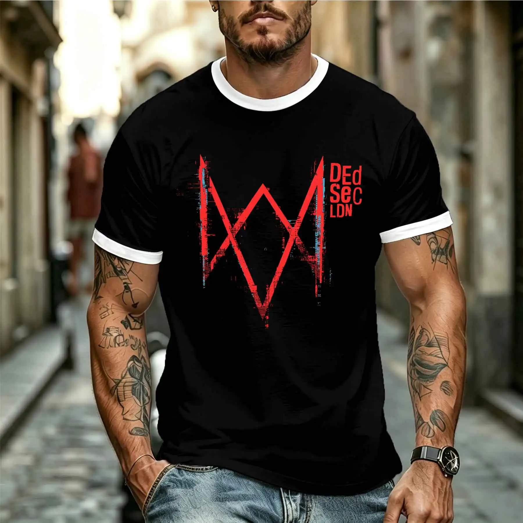 2026 new model Tee Stylish Comfortable Men's Watch Dogs London DedSec Theme Glitch Print Casual Crew Neck T-Shirt Tee for Daily