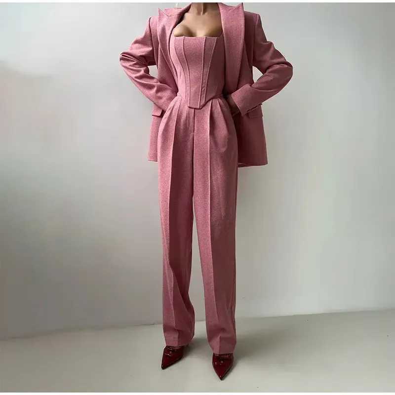 

Solid Blazer Coats Pants 3 Pieces Sets Women's Suit Three-Piece Set Fishbone Waist-Fitted Solid Color Coordinated Trousers