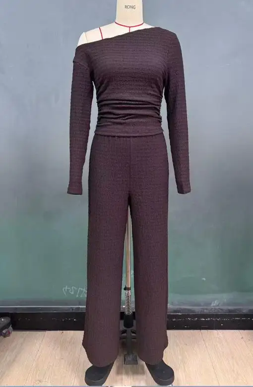 Conjunto de duas peças roupa feminina 2025 primavera outono nova cor sólida gola inclinada magro manga comprida camiseta & calças perna reta conjunto